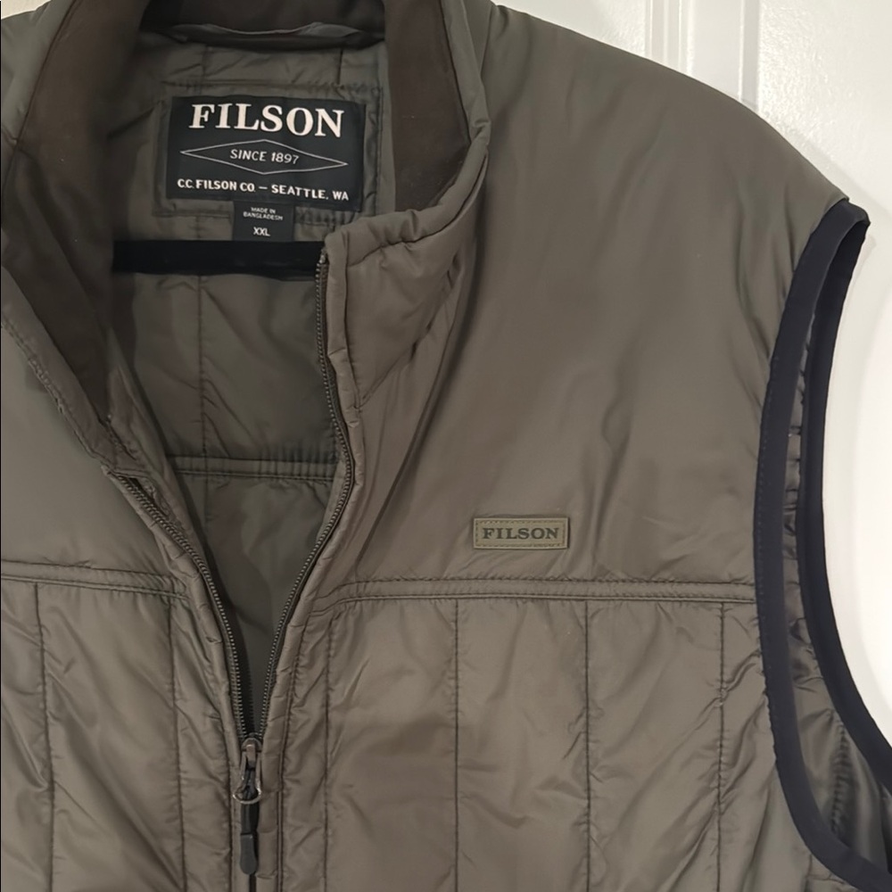 Filson Green Quilted Vest with Stand-Up Collar
